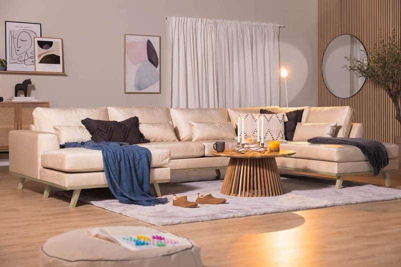 Copenhagen 5-seters Høyrevendt U-formet Sofa med Divan og Sjeselong i Fløyel - Beige - Møbler - Sofaer - Fløyel sofaer