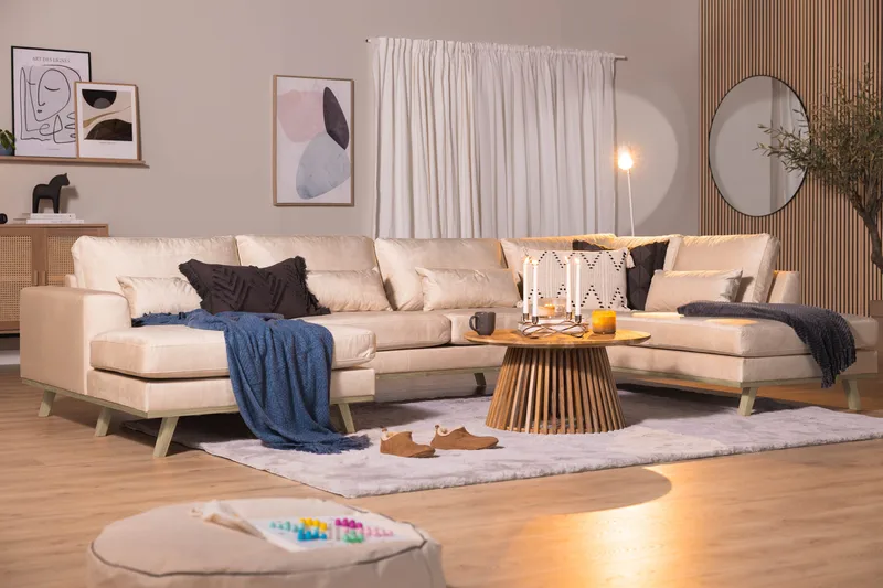 Copenhagen 5-seters Høyrevendt U-formet Sofa med Divan og Sjeselong i Fløyel - Beige - Møbler - Sofaer - Fløyel sofaer
