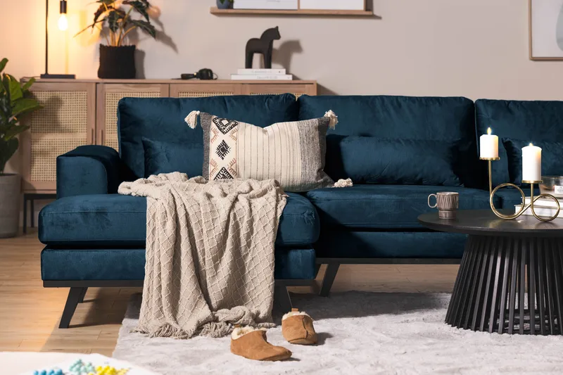 Copenhagen 5-seters Høyrevendt U-formet Sofa med Divan og Sjeselong i Fløyel - Blå - Møbler - Sofaer - Fløyel sofaer