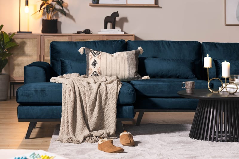 Copenhagen 5-seters Høyrevendt U-formet Sofa med Divan og Sjeselong i Fløyel - Blå - Møbler - Sofaer - Fløyel sofaer