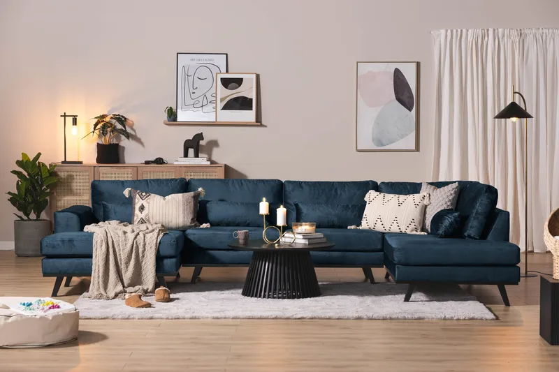 Copenhagen 5-seters Høyrevendt U-formet Sofa med Divan og Sjeselong i Fløyel - Blå - Møbler - Sofaer - Fløyel sofaer