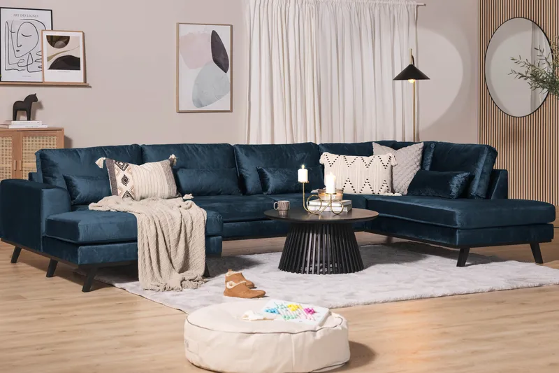 Copenhagen 5-seters Høyrevendt U-formet Sofa med Divan og Sjeselong i Fløyel - Blå - Møbler - Sofaer - Fløyel sofaer