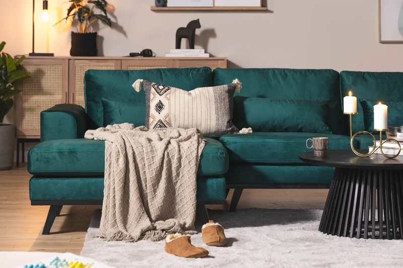 Copenhagen 5-seters Høyrevendt U-formet Sofa med Divan og Sjeselong i Fløyel - Grønn - Møbler - Sofaer - Fløyel sofaer