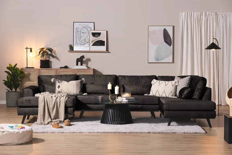 Copenhagen 5-seters Høyrevendt U-formet Sofa med Divan og Sjeselong i Fløyel - Mørk grå - Møbler - Sofaer - Fløyel sofaer