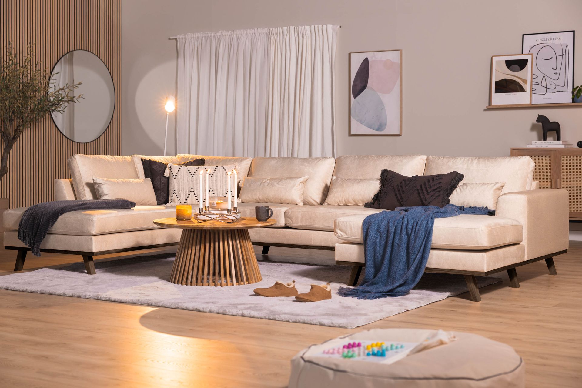 Copenhagen 5-seters Venstrevendt U-formet Large Sofa med Divan og Sjeselong i Fløyel - Beige - Møbler - Sofaer - Fløyel sofaer