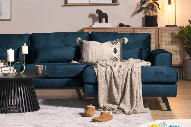 Copenhagen 5-seters Venstrevendt U-formet Sofa med Divan og Sjeselong i Fløyel - Blå - Møbler - Sofaer - Fløyel sofaer