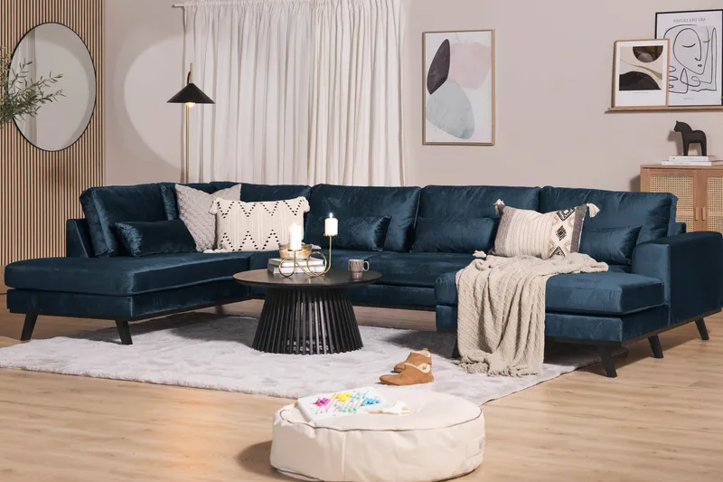 Copenhagen 5-seters Venstrevendt U-formet Sofa med Divan og Sjeselong i Fløyel - Blå - Møbler - Sofaer - Fløyel sofaer