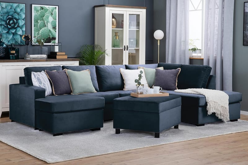 Crazy 4-seters Høyrevendt U-formet Large Sofa med Divan og Sjeselong i Fløyel - Blå - Møbler - Sofaer - U-sofa
