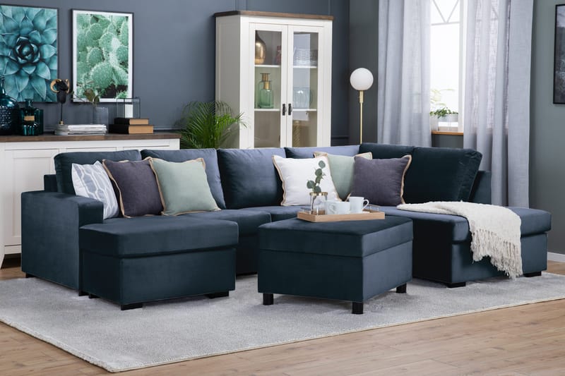 Crazy 4-seters Høyrevendt U-formet Large Sofa med Divan og Sjeselong i Fløyel - Blå - Møbler - Sofaer - U-sofa