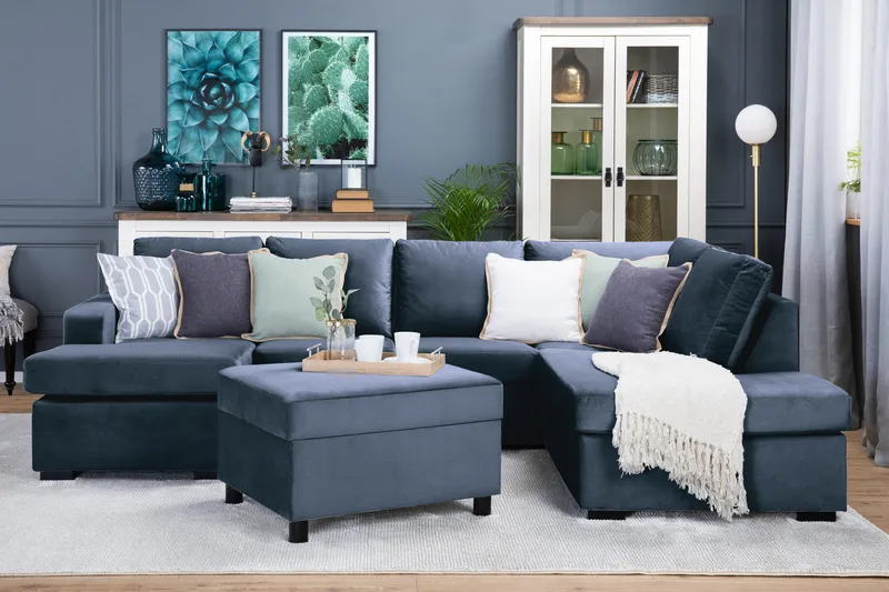 Crazy 4-seters Høyrevendt U-formet Large Sofa med Divan og Sjeselong i Fløyel - Blå - Møbler - Sofaer - U-sofa