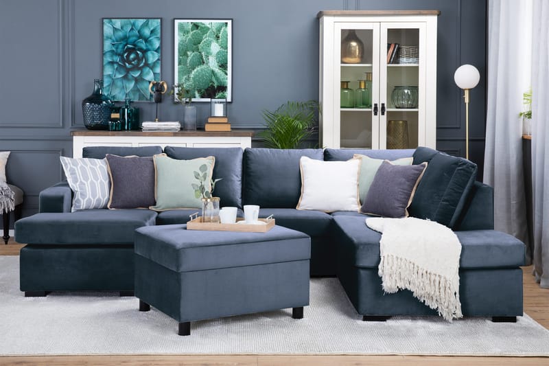 Crazy 4-seters Høyrevendt U-formet Large Sofa med Divan og Sjeselong i Fløyel - Blå - Møbler - Sofaer - U-sofa