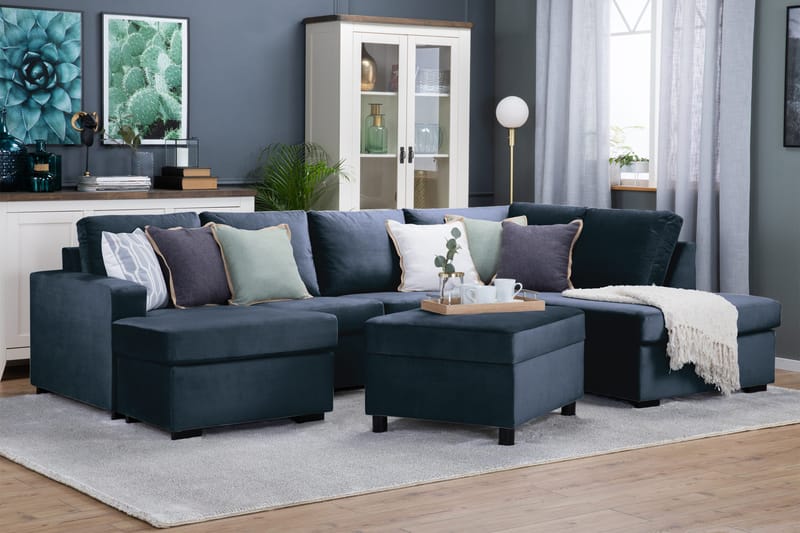 Crazy 4-seters Høyrevendt U-formet Large Sofa med Divan og Sjeselong i Fløyel - Blå - Møbler - Sofaer - U-sofa