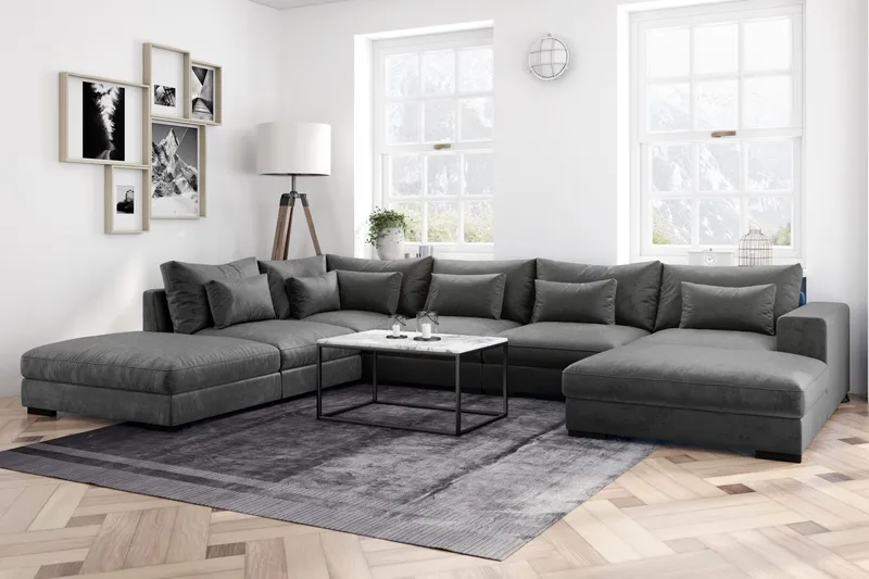Dubai stor U-sofa modul med divan høyre fløyel ekstra dyp - Mørkegrå - Møbler - Sofaer - Modulsofaer - Komplett modulsofa