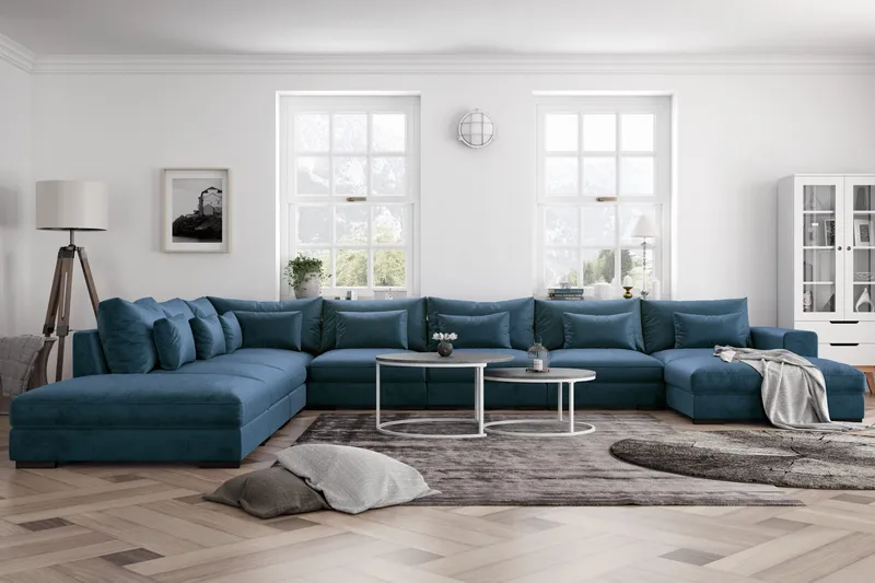 Dubai U-modulsofa Large med divan høyre fløyel ekstra dyp - Blå - Møbler - Sofaer - Modulsofaer - Komplett modulsofa