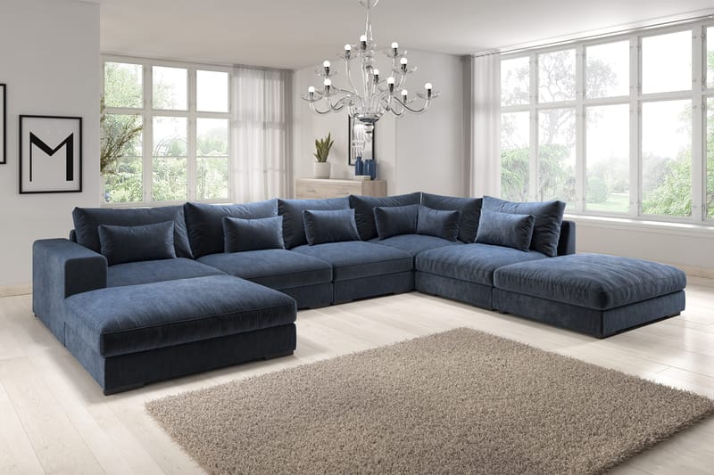 Dubai U-modulsofa med Divan Venstre Fløyel ekstra dyp - Blå - Møbler - Sofaer - Modulsofaer - Komplett modulsofa