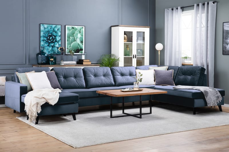 Monroe 6-seters Høyrevendt U-formet Large Sofa med Divan og Sjeselong i Fløyel - Blå - Møbler - Sofaer - Fløyel sofaer