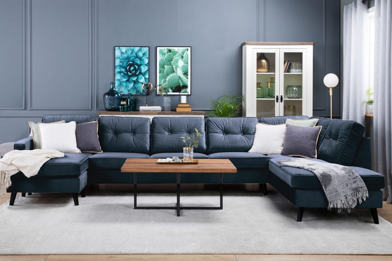 Monroe 6-seters Høyrevendt U-formet Large Sofa med Divan og Sjeselong i Fløyel - Blå - Møbler - Sofaer - Fløyel sofaer
