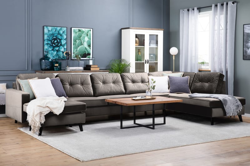 Monroe 6-seters Høyrevendt U-formet Large Sofa med Divan og Sjeselong i Fløyel - Brun - Møbler - Sofaer - Fløyel sofaer