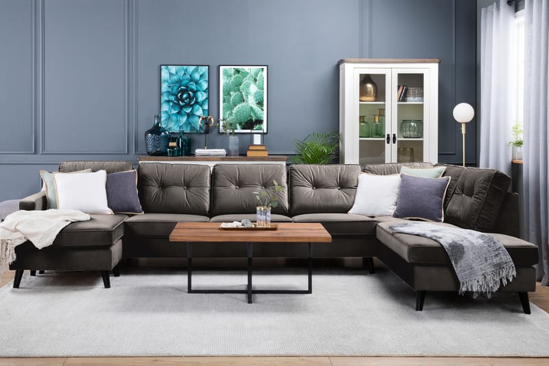 Monroe 6-seters Høyrevendt U-formet Large Sofa med Divan og Sjeselong i Fløyel - Brun - Møbler - Sofaer - Fløyel sofaer