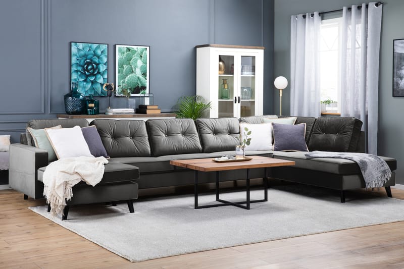 Monroe 6-seters Høyrevendt U-formet Large Sofa med Divan og Sjeselong i Fløyel - Mørk grå - Møbler - Sofaer - Fløyel sofaer