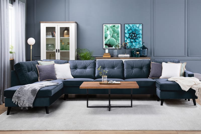 Monroe 6-seters Venstrevendt U-formet Large Sofa med Divan og Sjeselong i Fløyel - Blå - Møbler - Sofaer - Fløyel sofaer