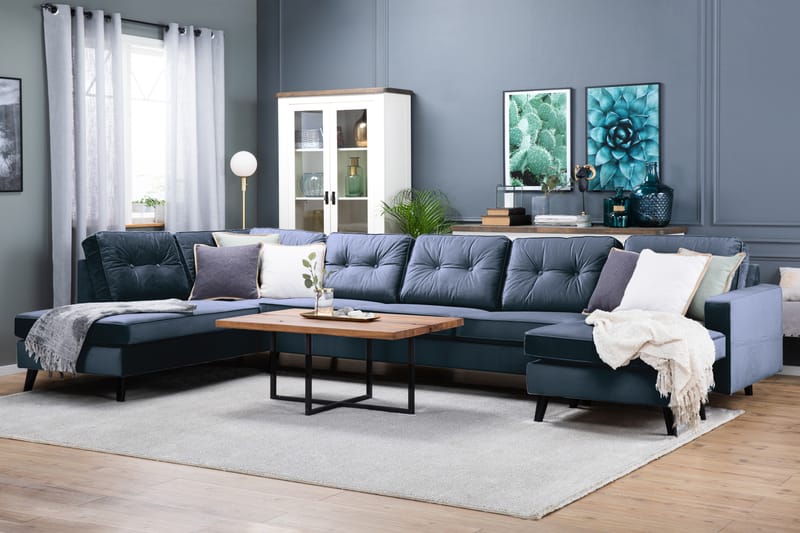 Monroe 6-seters Venstrevendt U-formet Large Sofa med Divan og Sjeselong i Fløyel - Blå - Møbler - Sofaer - Fløyel sofaer