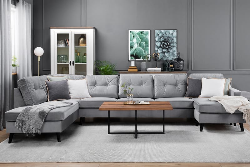 Monroe 6-seters Venstrevendt U-formet Large Sofa med Divan og Sjeselong i Fløyel - Lys grå - Møbler - Sofaer - Fløyel sofaer