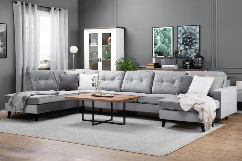 Monroe 6-seters Venstrevendt U-formet Large Sofa med Divan og Sjeselong i Fløyel - Lys grå - Møbler - Sofaer - Fløyel sofaer