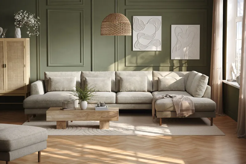 Florenz 4-seters Høyrevendt U-formet Sofa med Divan og Sjeselong i Chenille - Grå / Beige - Møbler - Sofaer - U-sofa