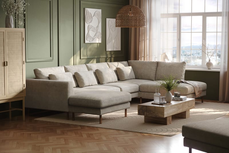 Florenz 4-seters Høyrevendt U-formet Sofa med Divan og Sjeselong i Chenille - Grå / Beige - Møbler - Sofaer - U-sofa