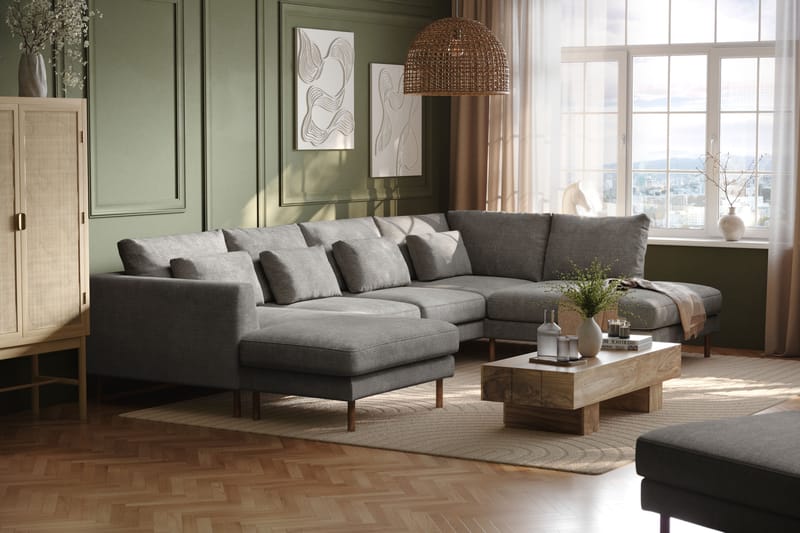 Florenz 4-seters Høyrevendt U-formet Sofa med Divan og Sjeselong i Chenille - Lys grå - Møbler - Sofaer - U-sofa