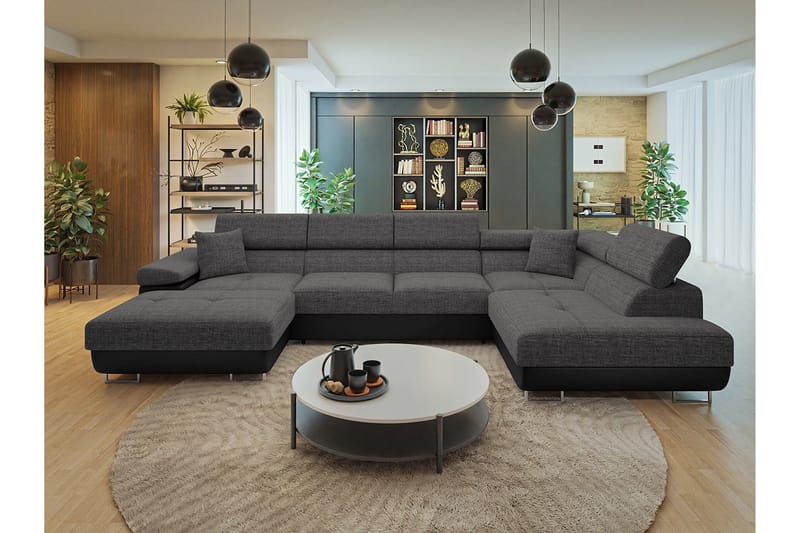 Gabina Sofa med Divan og Sjeselong 4-seter - Svart/Grå - Møbler - Sofaer - Skinnsofaer
