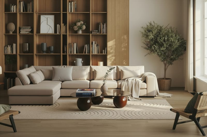 Grande 5-seters Sofa med Sjeselong Venstre - Beige Fløyel - Møbler - Sofaer - Sofa med sjeselong