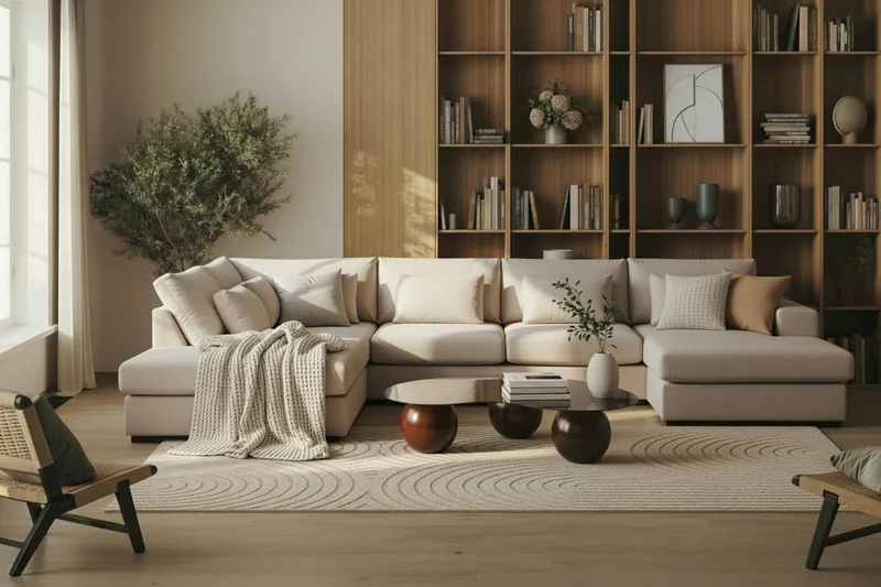 Grande 5-seters U-Sofa med Divan Høyre - Beige Fløyel - Møbler - Sofaer - U-sofa
