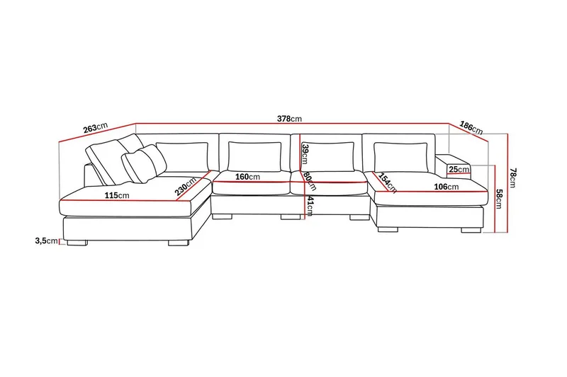 Grande 5-seters U-Sofa med Divan Høyre - Beige Fløyel - Møbler - Sofaer - U-sofa