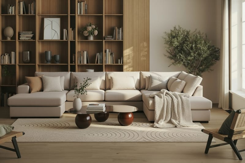 Grande 5-seters U-Sofa med Divan Venstre - Beige Fløyel - Møbler - Sofaer - U-sofa