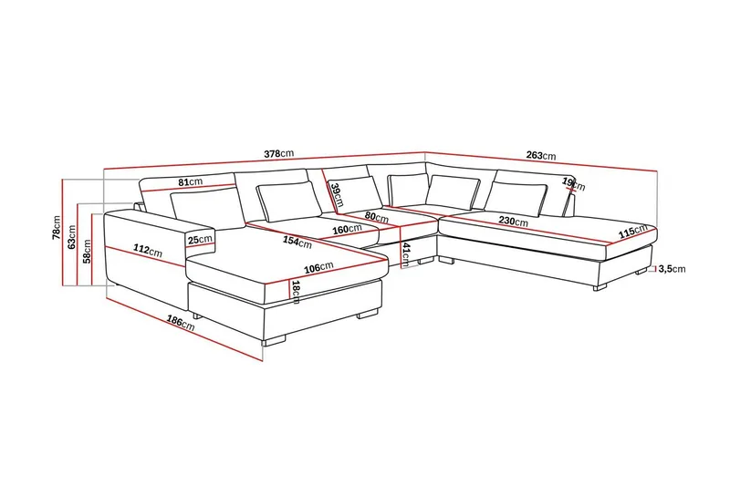 Grande 5-seters U-Sofa med Divan Venstre - Mørkegrå Fløyel - Møbler - Sofaer - U-sofa