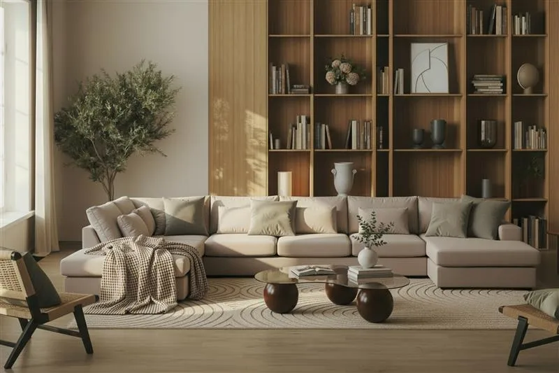 Grande 6-seters U-Sofa med Divan Høyre - Beige Fløyel - Møbler - Sofaer - U-sofa
