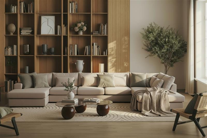Grande 6-seters U-Sofa med Divan Venstre - Beige Fløyel - Møbler - Sofaer - U-sofa