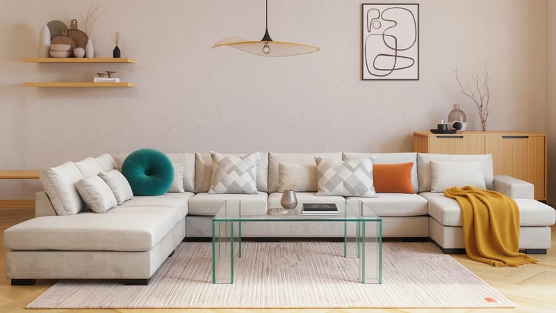 Grande Stor 7-seters U-Sofa med Divan Høyre - Beige Fløyel - Møbler - Sofaer - U-sofa