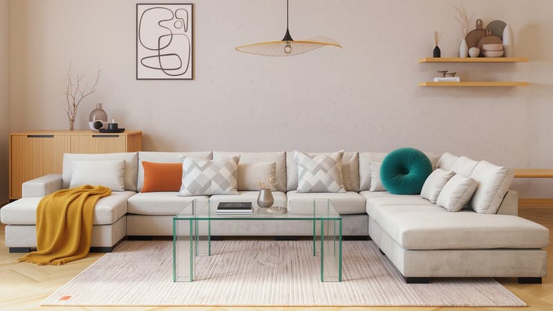 Grande Stor 7-seters U-Sofa med Divan Venstre - Beige Fløyel - Møbler - Sofaer - U-sofa