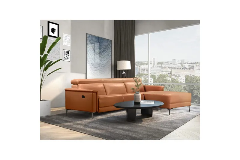 Hjørnesofa 3-seter Lund Kognac, PU, Høyre Manuell Recliner - Kognac, PU, Høyre Manuell Recliner - Møbler - Sofaer - Skinnsofaer