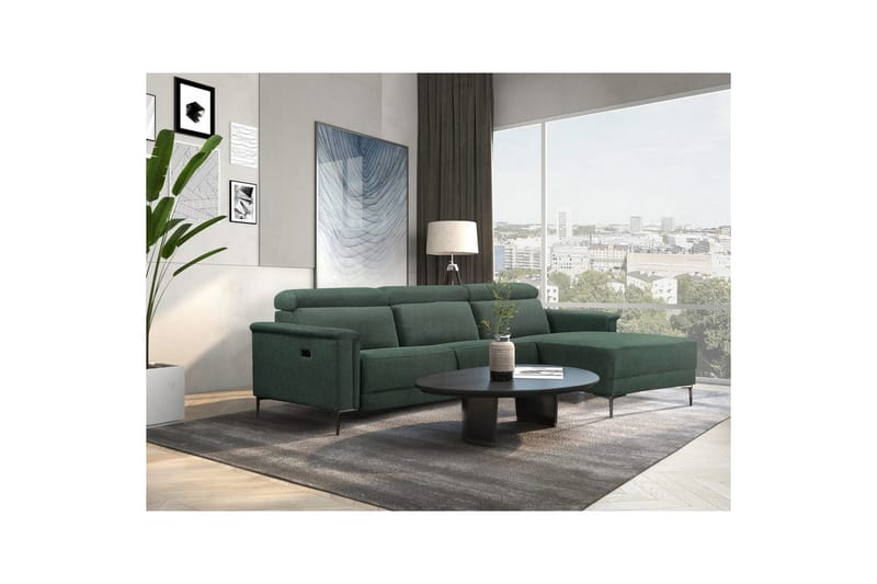 Hjørnesofa 3-seter Lund Mørk grønn, Belfast-stoff, Høyre Elektrisk Recliner - Mørk grønn, Belfast-stoff, Høyre Elektrisk Recliner - Møbler - Sofaer - Reclinersofaer