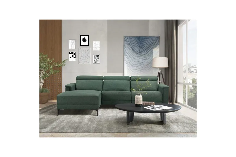 Hjørnesofa 3-seter Lund Mørk grønn, Belfast-stoff, Venstre Elektrisk Recliner - Mørk grønn, Belfast-stoff, Venstre Elektrisk Recliner - Møbler - Sofaer - Reclinersofaer