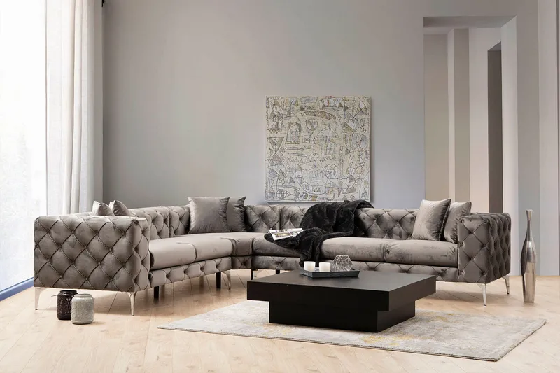 Beachport Stor 6-seters Hjørnesofa Fløyel L-formet - Grå / Antrasitt - Møbler - Sofaer - Hjørnesofa