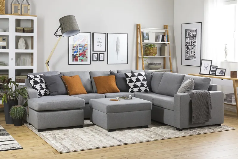 Crazy 5-seters Venstrevendt U-formet Hjørnesofa med Divan i Stoff - Grå - Møbler - Sofaer - Hjørnesofa - Hjørnesofa med divan