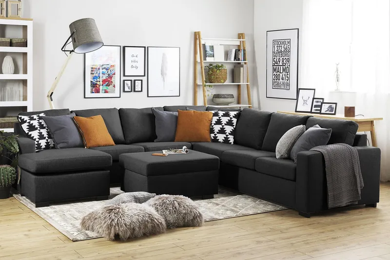 Crazy 6-seters Venstrevendt U-formet Large Hjørnesofa med Divan i Stoff - Antrasitt - Møbler - Sofaer - Hjørnesofa - Hjørnesofa med divan