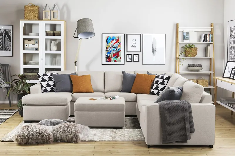 Crazy 6-seters Venstrevendt U-formet Large Hjørnesofa med Divan i Stoff - Beige - Møbler - Sofaer - Hjørnesofa