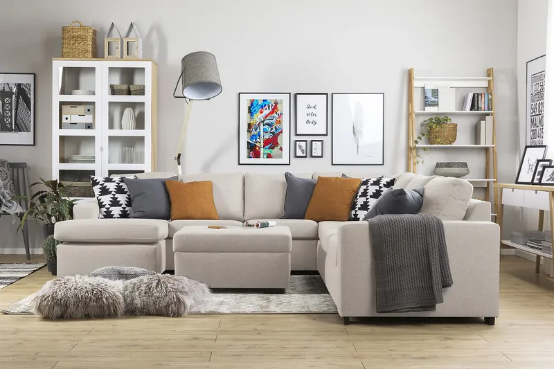 Crazy 6-seters Venstrevendt U-formet Large Hjørnesofa med Divan i Stoff - Beige - Møbler - Sofaer - Hjørnesofa