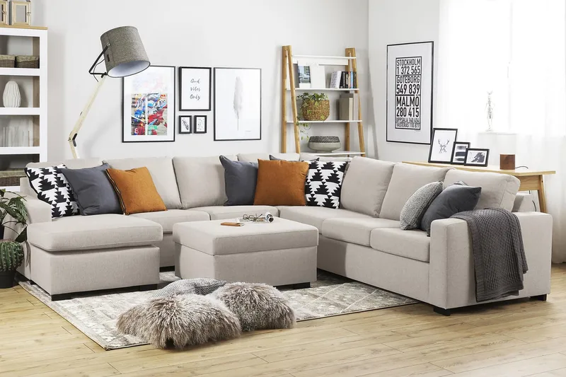 Crazy 6-seters Venstrevendt U-formet Large Hjørnesofa med Divan i Stoff - Beige - Møbler - Sofaer - Hjørnesofa